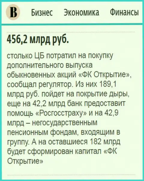 Как говорится в ежедневной деловой газете Ведомости, где-то 500 миллиардов рублей пошло на спасение от банкротства финансовой компании Открытие