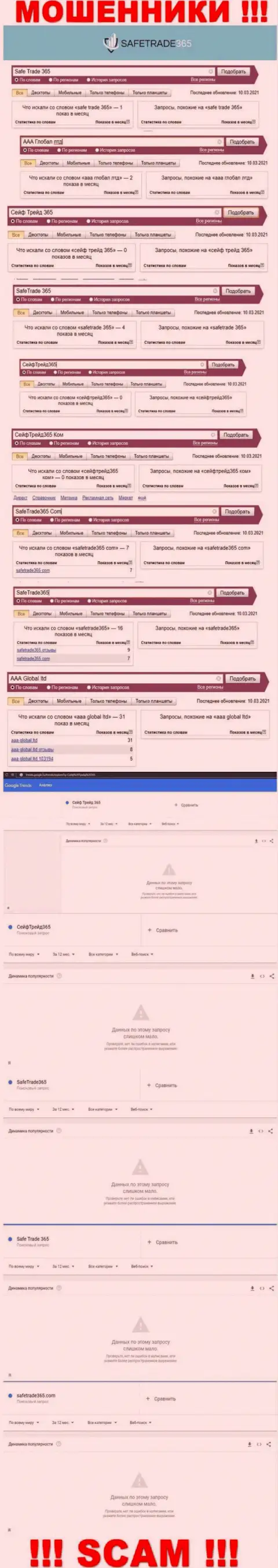 Детальный анализ суммарного числа поисковых запросов в поисковиках интернета по мошенникам SafeTrade365 Com