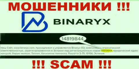 Binaryx не скрывают регистрационный номер: 14819844, да и для чего, обворовывать клиентов он вовсе не мешает