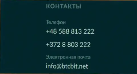 Телефоны и Е-mail интернет обменки БТЦБит