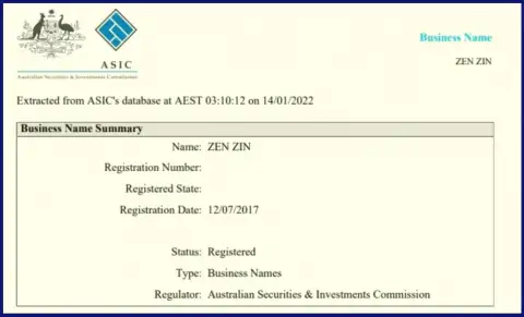 Дилинговая компания Зиннейра Ком зарегистрирована на территории Австралии