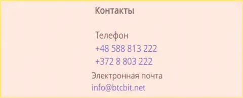 Номера телефонов и Е-майл онлайн-обменника БТК Бит